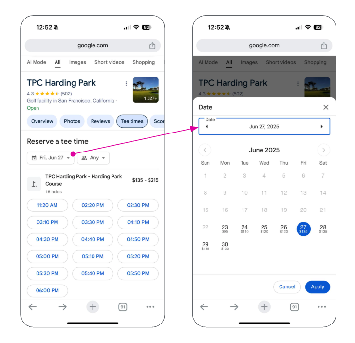 Google Search results page for a golf course showing tee time availability