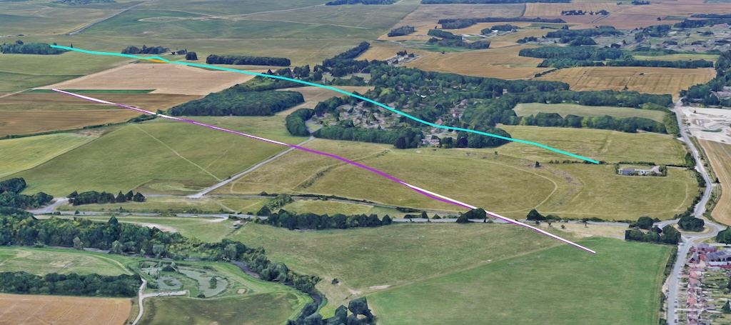 A 3D map showing various colored lines (white, blue, purple, orange) over a relatively flat terrain, highlighting visual artifacts where lines disappear into the ground.