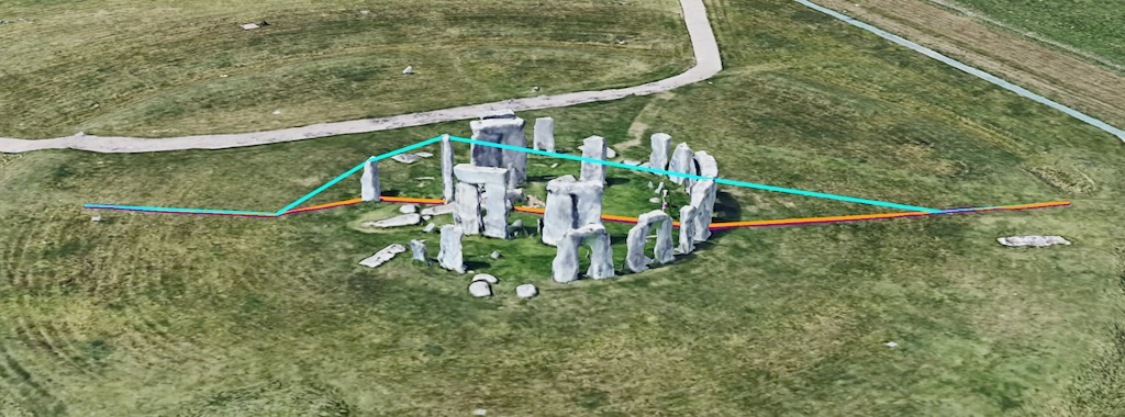 A 3D map showing multiple colored lines (orange, blue) around Stonehenge, with the white and purple lines merging due to a lack of altitude data.
