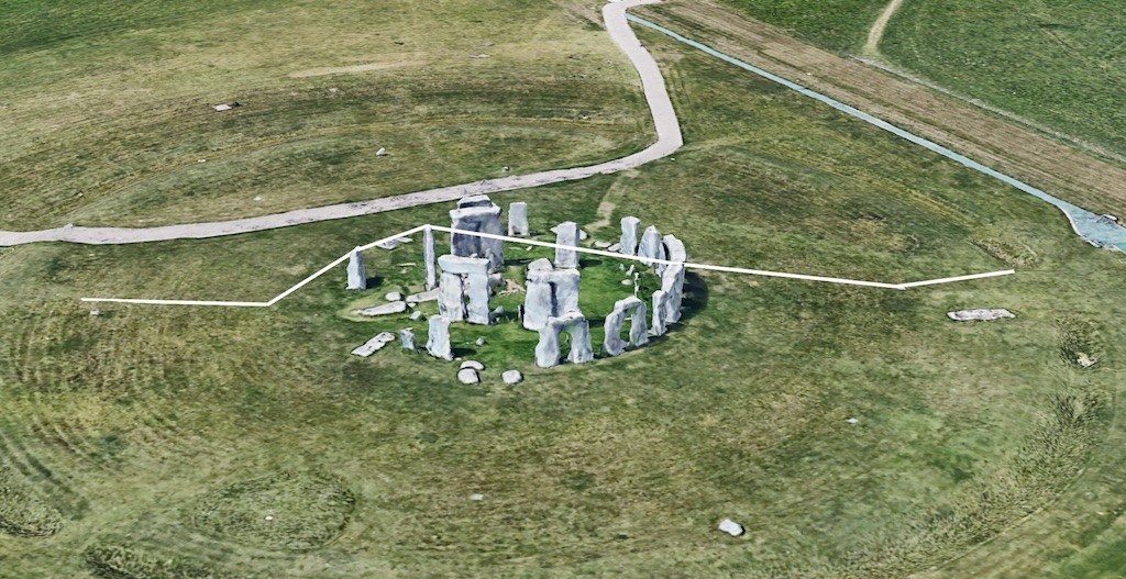 A 3D map showing a white line placed around Stonehenge using absolute positioning.