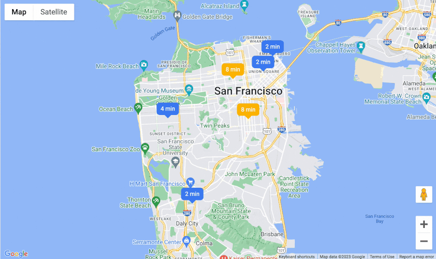 The hero image shows a Google Maps JS map centered on San Francisco. Several
locations display colorful markers whose contents say '2 min' or '4 min'".
The coloring and contents updates as time passes.