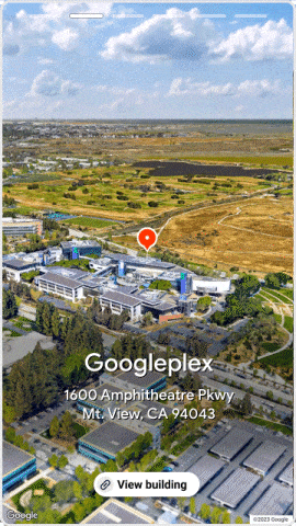 Animated gif with an example of an Aerial View video being displayed in a story-like experience, in portrait mode. The Aerial View video is on the second slide, and a button at the bottom reads ‘View building’.