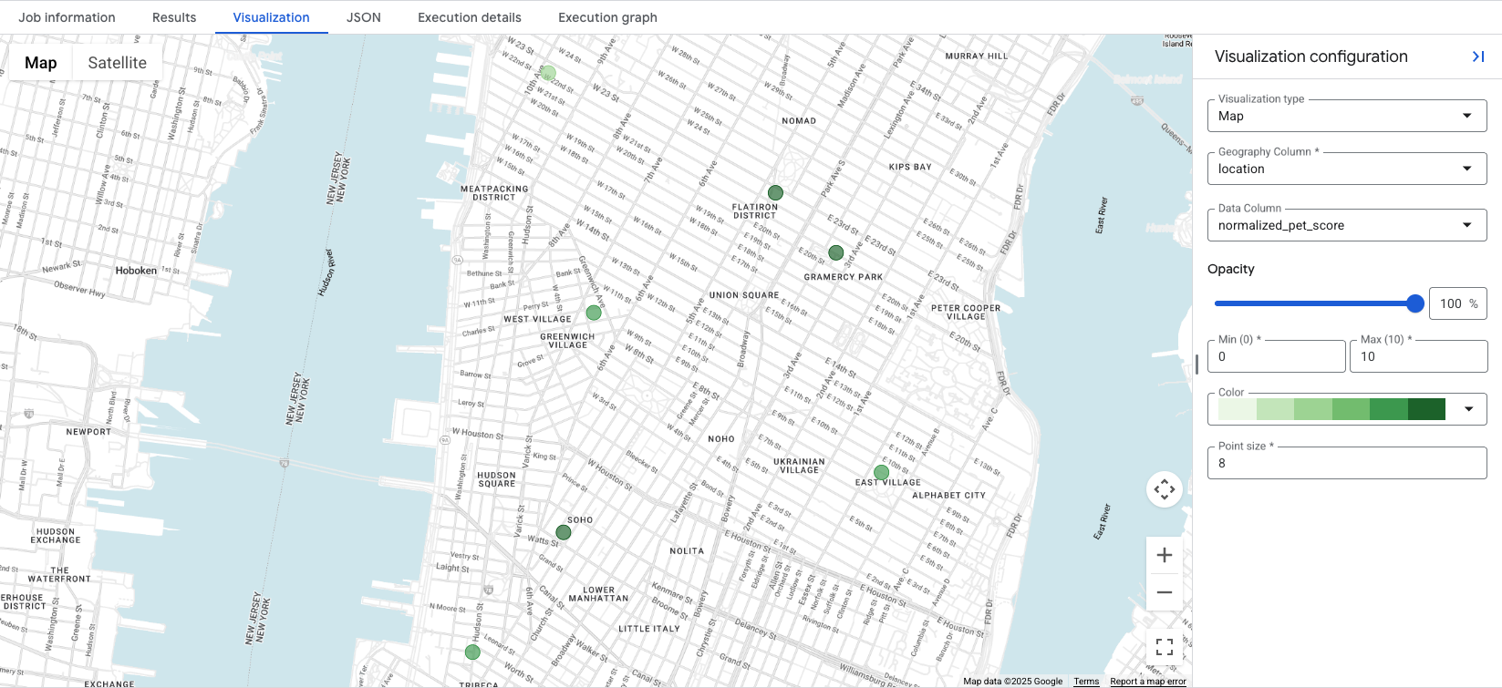 A map visualizing the normalized pet score for various locations, where darker
green dots represent higher, more favorable scores.