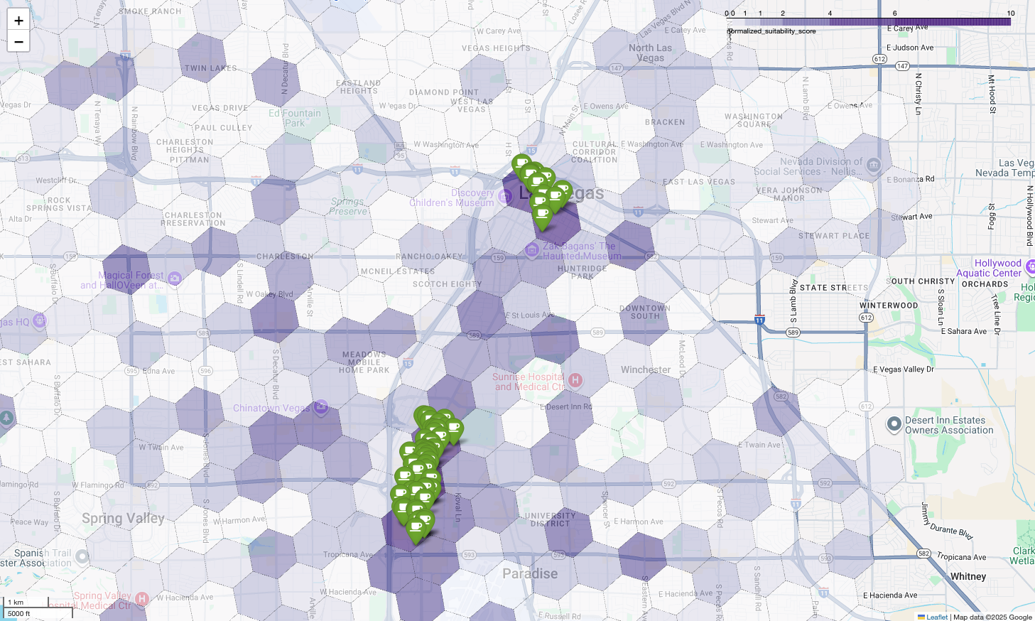 Map of Las Vegas showing potential new coffee shop locations with a purple
data overlay and green pins for existing competitors.