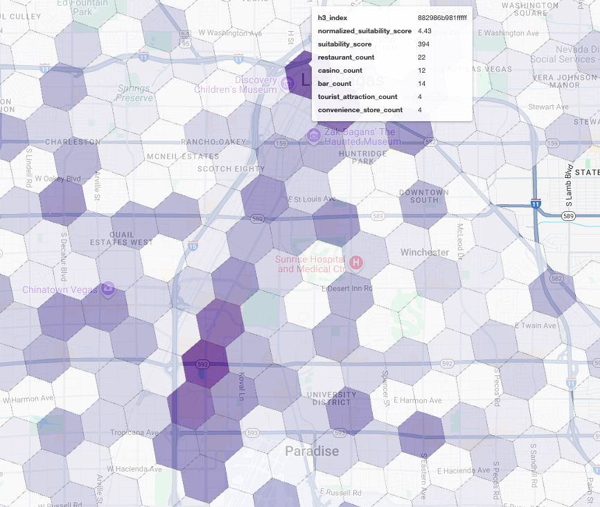 A choropleth map of Las Vegas using a purple hexagonal grid to show
suitability scores, with darker shades indicating higher
potential.