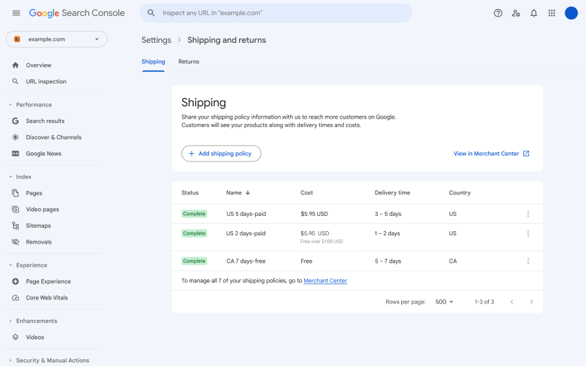 Shipping and returns settings page in Search Console