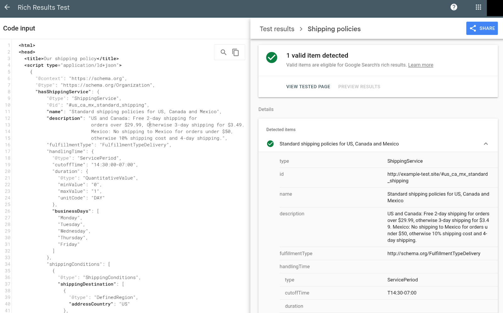 Shipping policy markup in the Rich Results Test