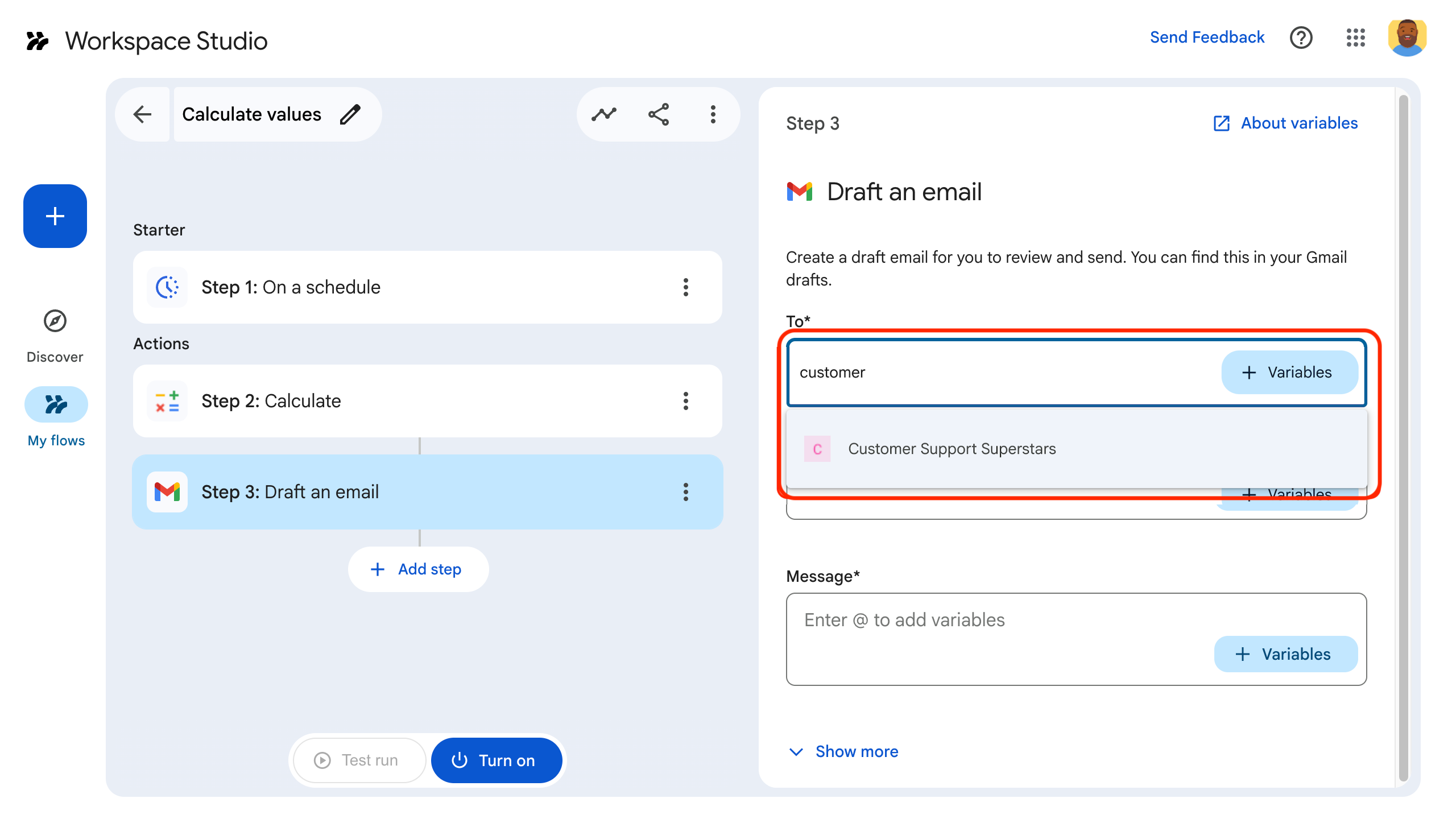 Autocomplete suggestions for a Google Chat space.